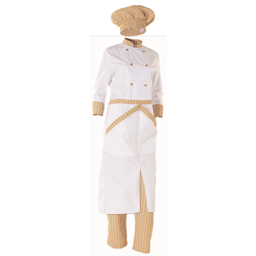 Avental cintura comprido, racha frontal dois grandes bolsos frente em diagonal .