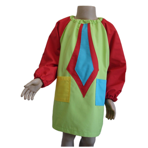 Bibe abertura lateral ou de vestir pela cabeça, grande feitio frontal, tipo gravata.