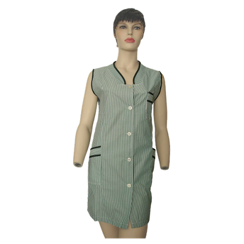 Bata abertura frontal c/mola ou botão, manga cava, dois bolsos inferiores, e um superior.