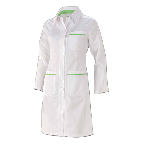 Bata  tipo camiseiro, abertura frontal, dois bolsos inferiores e um superior,  dois ilhós respiração em cada axila, modelo cintado, mangas á boca de sino.