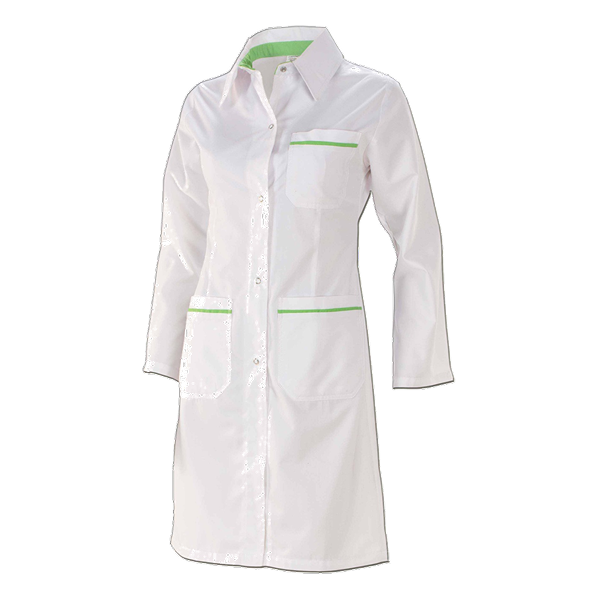 Bata tipo camiseiro, abertura frontal, dois bolsos inferiores e um superior, dois ilhós respiração em cada axila, modelo cintado, mangas á boca de sino.