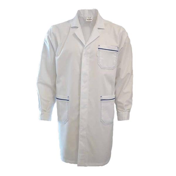 Bata abertura frontal c/mola ou botão e lapela de proteção, manga comprida, acessório reversível na manga, bata avivada em 2ª cor, um bolso superior, dois inferiores, dois ilhós respiração em cada axila.