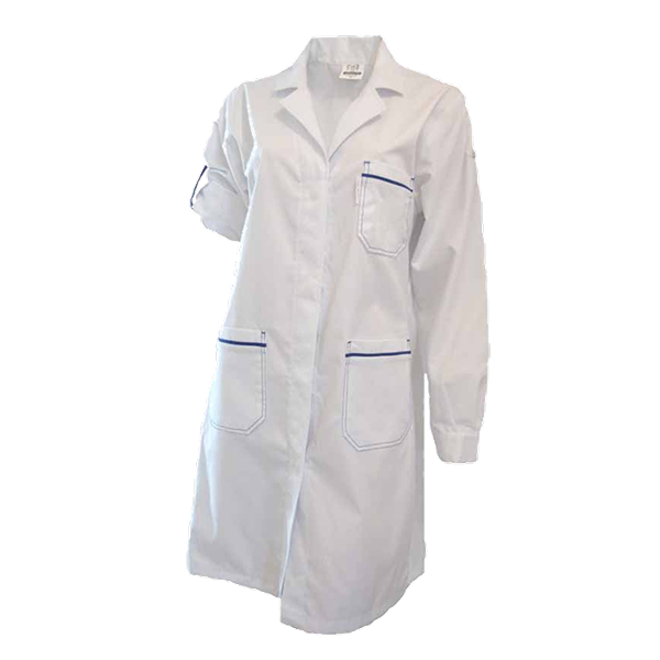 Bata abertura frontal c/mola ou botão e lapela de proteção, manga comprida, acessório reversível na manga, bata avivada em 2ª cor, um bolso superior, dois inferiores, dois ilhós respiração em cada axila. - Imagem de 2