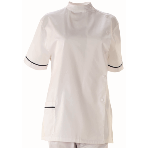 Túnica  c/gola subida, abertura lateral c/mola, um bolso inferior direito, vivo decorativo, meia manga.