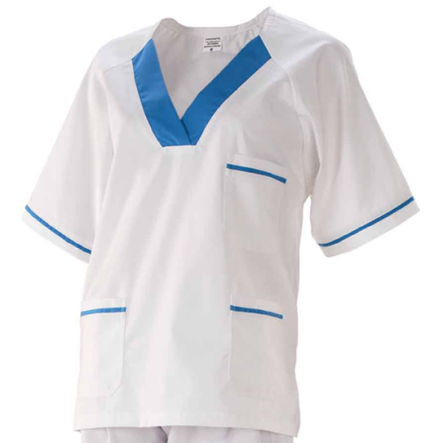 Túnica médica c/decote em "V", dois bolsos inferiores e um superior, decoração em 2ª cor, meia manga.