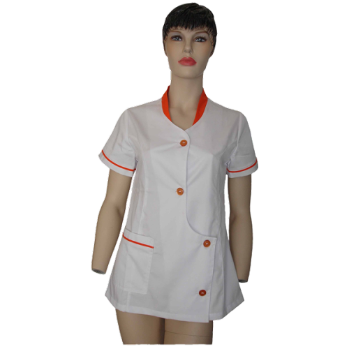 Túnica abertura frontal c/botão, meia manga, decoração em 2ª cor, um bolso inferior direito.